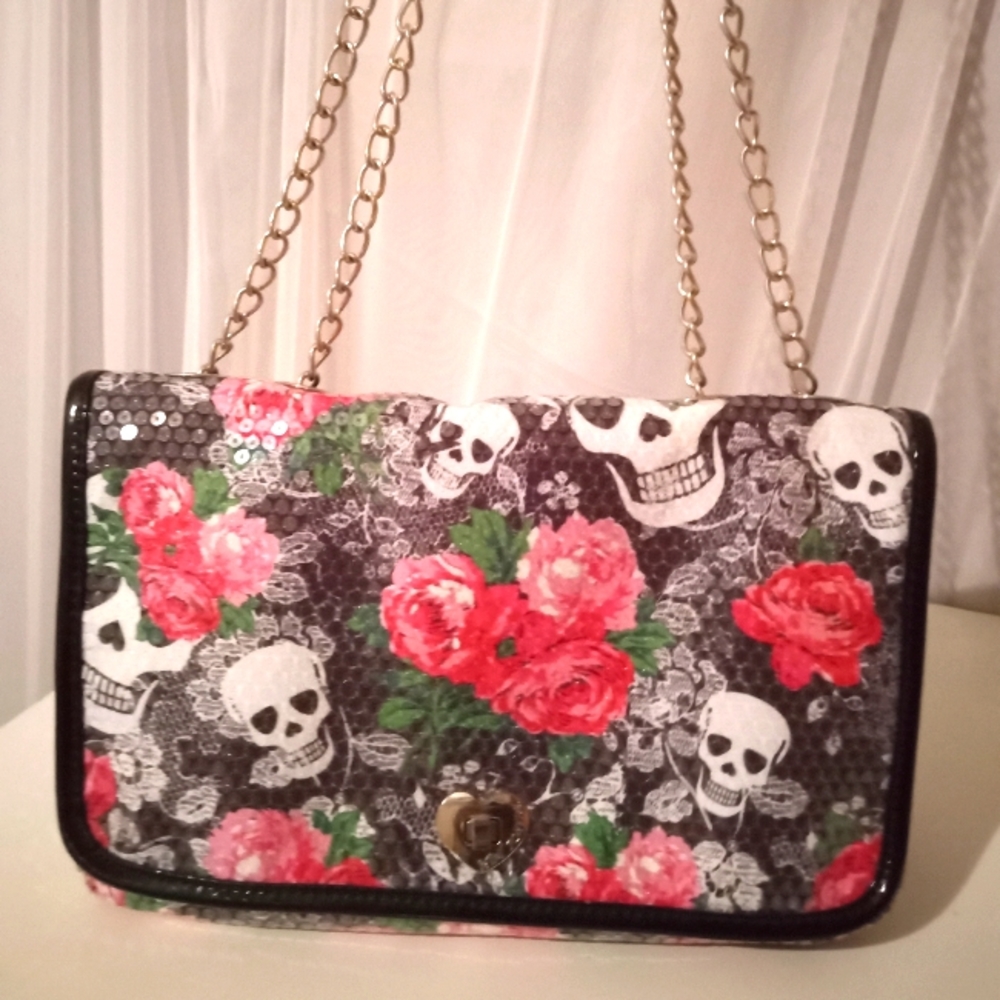 Betsey Johnson skull and roses sequins bag